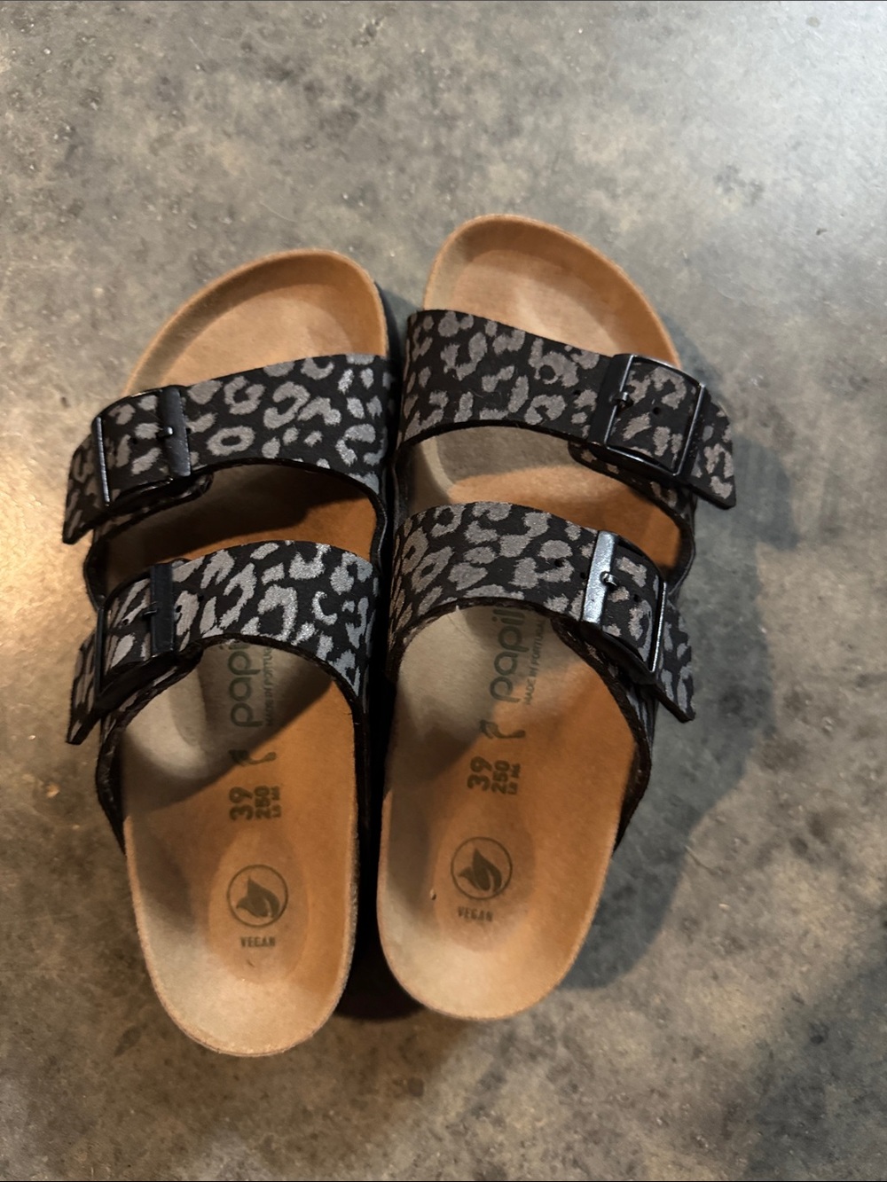 Papillio Black and Gray Leopard Double-Strap Sandals